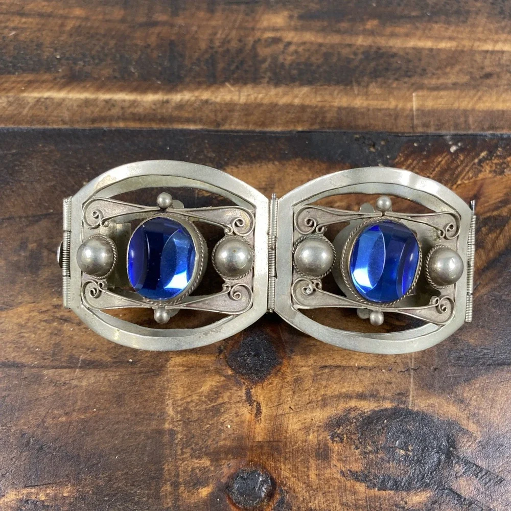 Vintage MEXICO WIDE Silver Sterling  Bracelet‎ Blue ENGRAVED Stones .925